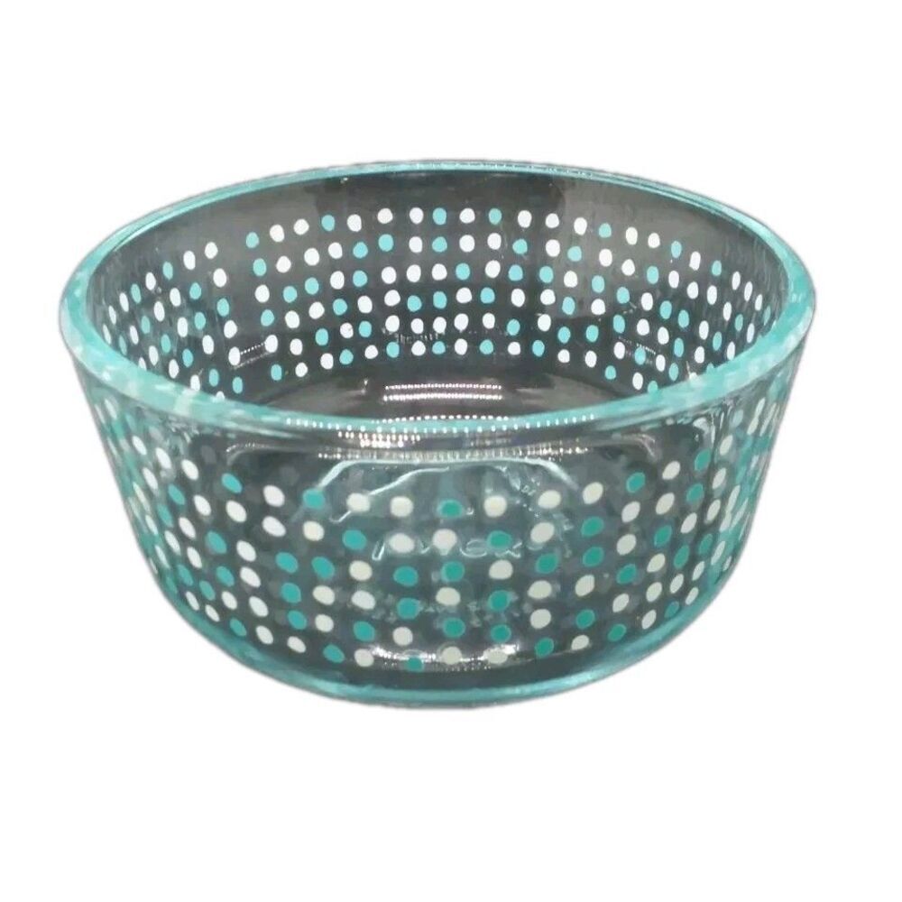 Pyrex Blue White Polka Dot Design 2 cup Bowl Clear Glass 7200 4.75 x 2 3/8 EUC